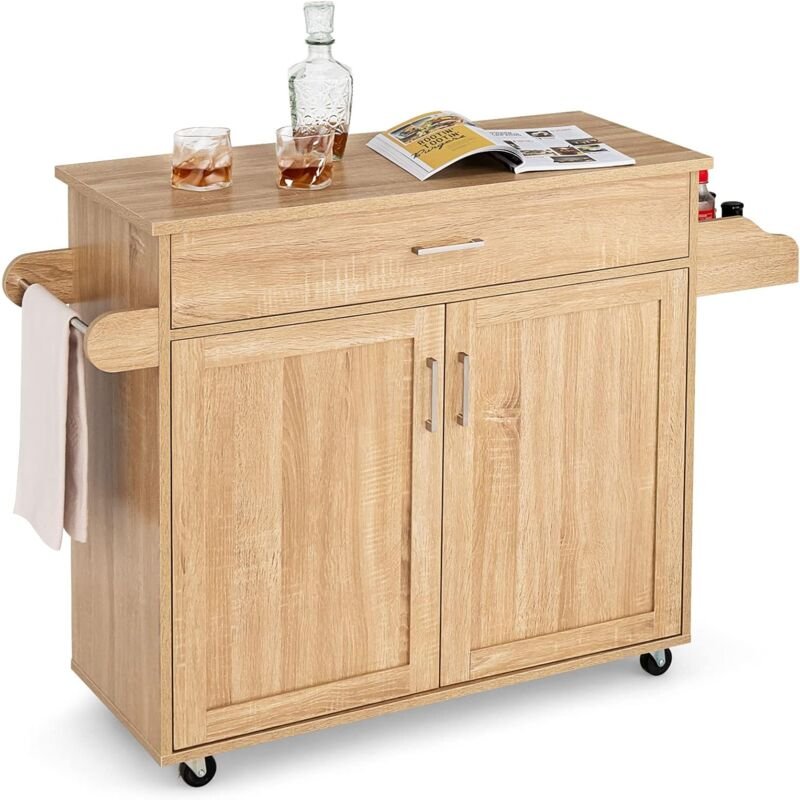 Küchenwagen mit Handtuchhalter und Gewürzboard, Kücheninsel mit Schublade und hoehenverstellbare Ablage, Küchenschrank r...