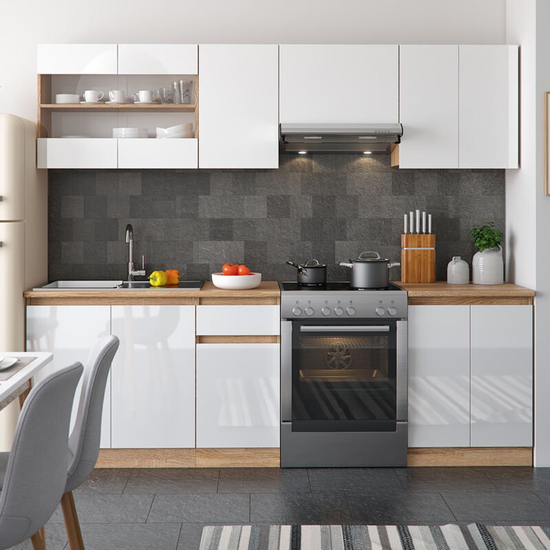 Vicco - Küchenzeile Raul, Weiß, 240 cm , ap Sonoma mit LED-Leisten