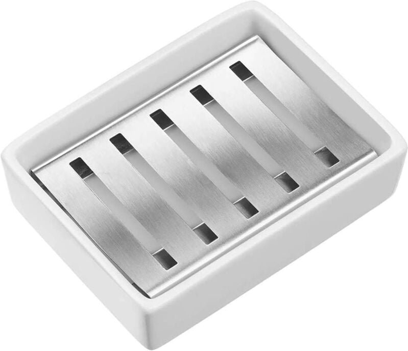 Seifenschale, Seifenkiste, Keramik, SUS304 Edelstahl, Seifenhalter für Badezimmerdusche, doppellagiges Abtropfen (weiß) ...