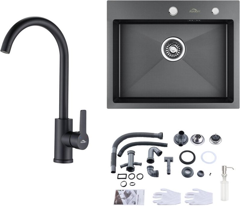 Auralum Küchenspüle Edelstahl Einbauspüle 55 × 45 cm Schwarzgrau Spülen + Schwarz Hochdruck Küchenarmatur