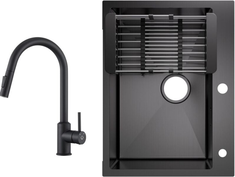 Cecipa Max - Küchenspüle aus Edelstahl 60x45cm Aufsatzwaschbecken Anthrazitschwarz + Ausziehbarer Küchenarmatur Schwarz ...