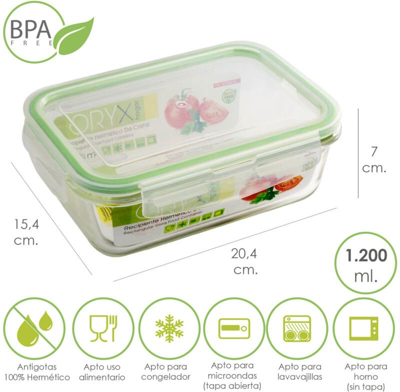 Recipiente Hermetico Cristal Rectangular 1200 ml. 20.4x15.4x7 (alt) cm.