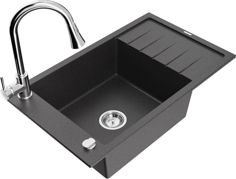 Elias 1 Becken-Granitspüle mit Abtropffl√§che und Mischbatterie Elia, Schwarz gesprenkelt - 6511-76-670101-00 - Mexen