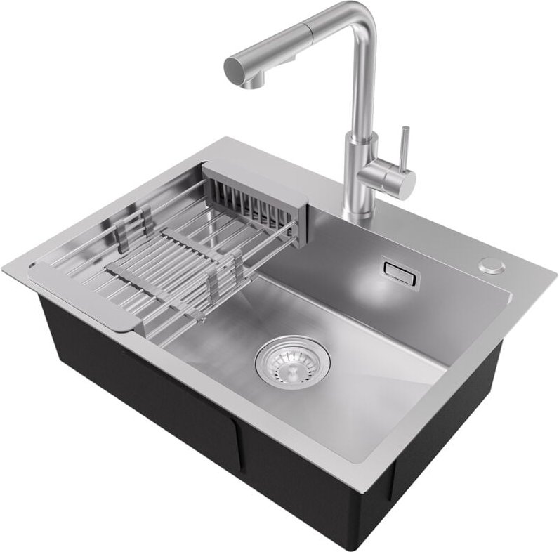 CECIPA MAX Küchenspülen-Sets, 60 × 45 cm Einzelbecken Edelstahl-Küchenspüle mit ausziehbarer Küchenarmatur, Abflusskorb,...