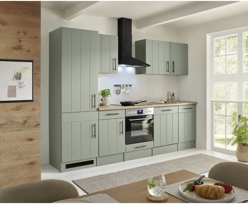 Küche Einbau Küchenzeile Landhaus Grün Anton 280 cm großer Kühlschrank Respekta