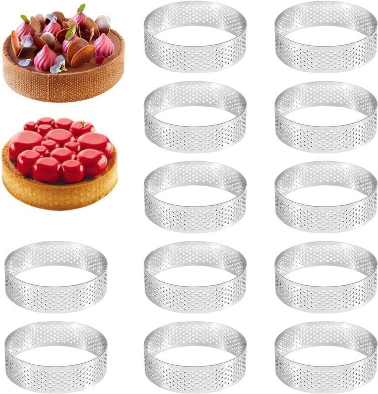 12-teiliges Set perforierter Gebäckringe aus Edelstahl, ideal für Quiches, Kuchen, Mousse, Muffins, Mini-Pizzen und mehr...