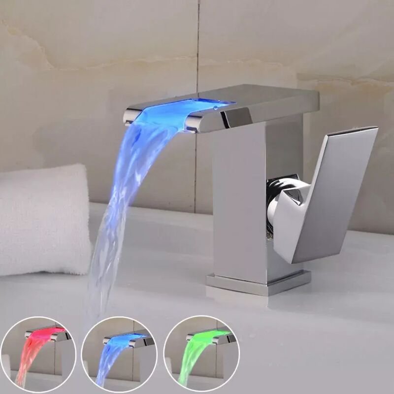 Moderne Küche Smart Wasserhahn, LED Badezimmer Wasserfall Waschbecken, 3/8 Zoll Schlauch Schnittstelle