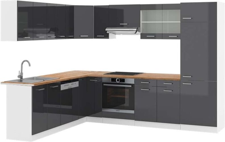 Eckküche R-Line, Anthrazit Hochglanz/Weiß, 227 x 287 cm , AP Eiche, Vicco
