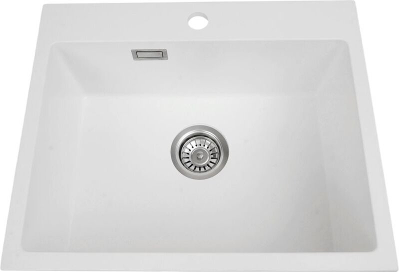 Weiße Spüle, 55 x 45 cm, Küchenspüle aus Granit, 1 Becken, Einbauspüle, Küchenspüle aus 80 % Quarzsand, mit Siphon und Ü...