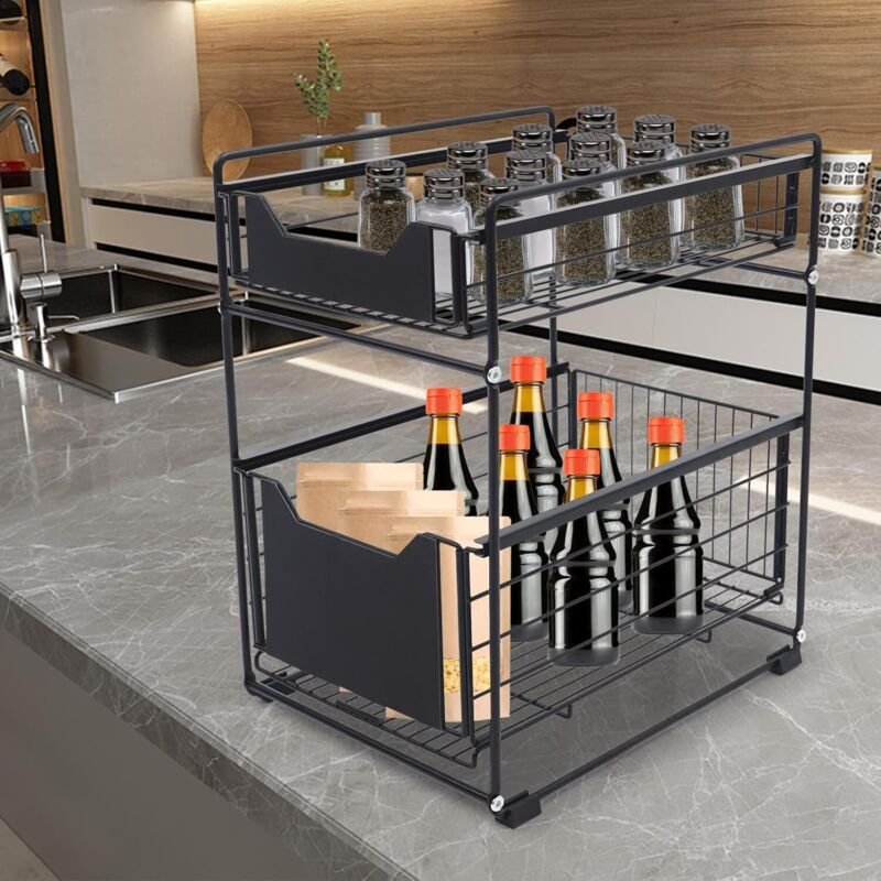 2 Stockwerke Küche Mehrzweckaufbewahrungshalter, Unterspüler Schiebehalter, Ausziehbare Küchenschublade, Küche, Schlafzi...