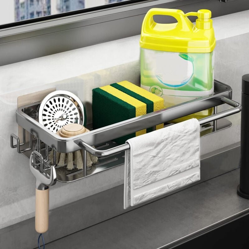 Küche Spülbecken Organizer mit Abflusspfanne, Küchen Schwammhalter Spüle Organizer mit Spültuchhalter und Zwei Haken,Met...
