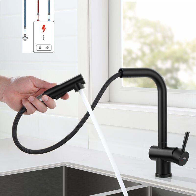 Niederdruck ausziehbar Schwarz Wasserhahn Küche 360° Drehbar Niederdruck Küchenarmatur aus Edelstahl, Spültischarmatur E...