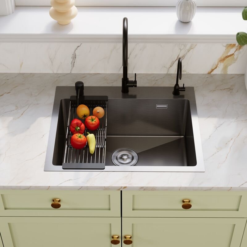 DeerValley Einbau-Küchenspüle 55 cm x 45 cm mit Armaturen-Set, Nano-Schwarz Edelstahl Handgefertigte Einbau-Spüle mit ab...