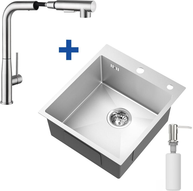44 x 49 cm Edelstahl Küchenspüle + Hochdruck Ausziehbare Küchenarmatur, Spülbecken für ab 50 cm Küchenschrank, Silber