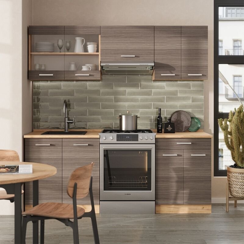 Vicco - Küchenzeile R-Line, Edelgrau/Goldkraft Eiche, 200 cm , ap Eiche