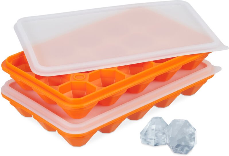 Relaxdays Eiswürfelform mit Deckel, 2er Set, Diamantform, je 15 Mulden, Silikon, Eiswürfelschale, orange/transparent