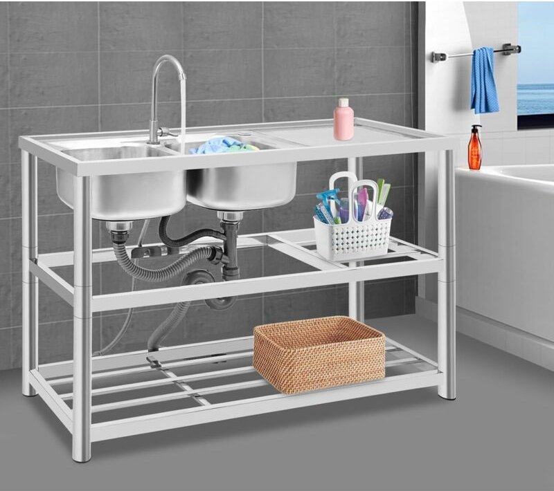 Edelstahl Spüle mit unterschrank Küchenspüle Doppelbecken Deluxe Spültisch, 120x45x80cm Freistehende Spülbecken Gewerbli...