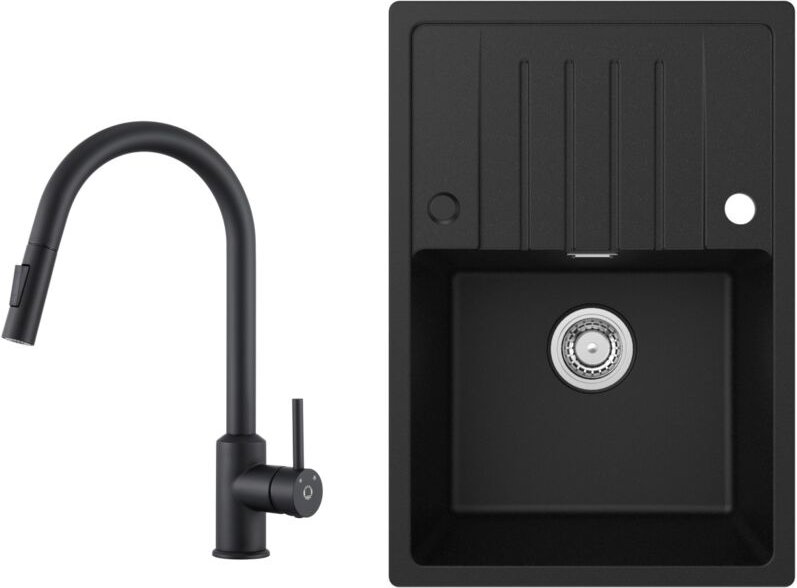 Thumbnail - Cecipa Max - Küchenspüle 65x45cm Granitspüle Anthrazitschwarz Mit Abtropffläche + Ausziehbarer Küchenarmatur Schwarz Mit...