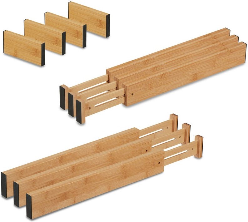 Schubladentrenner, 10 tlg. Set, verstellbare Länge von 43,5 bis 56,5 cm, Bambus, Schubladenteiler Küche, natur - Relaxda...