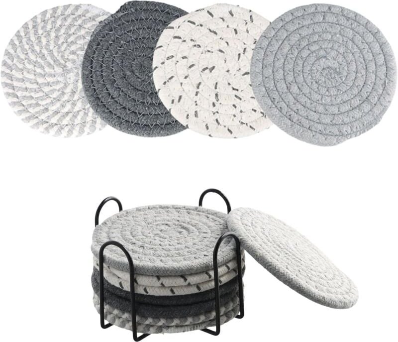 8er-Set Untersetzer mit Halter, saugfähige Baumwolluntersetzer, runde geflochtene Untersetzer, böhmische Untersetzer, Un...