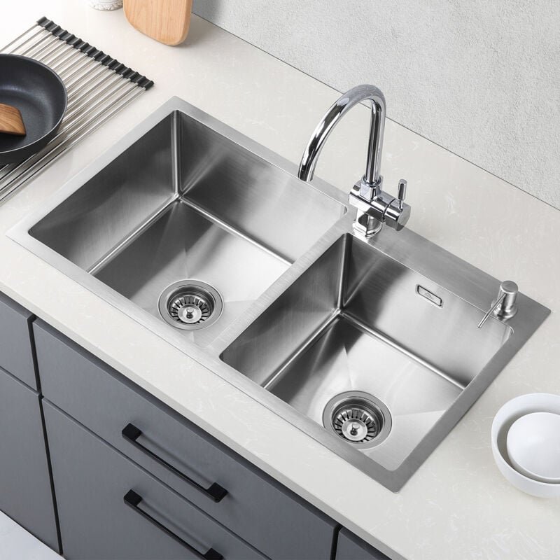 Auralum Küchenspüle 2 Schalen 75 x 45 cm Spülbecken 2 Becken Waschbecken Unterbauwaschbecken Edelstahl 304 Spüle aus geb...