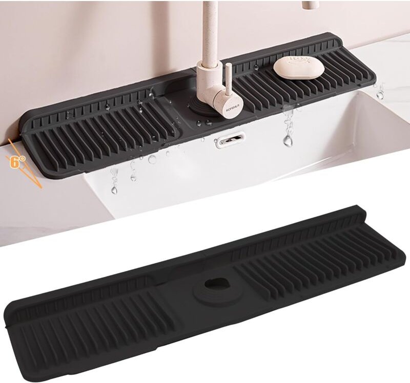 Schwarze Silikon-Armaturenmatte 60 cm, tropffrei, für Küchen-/Badezimmerarbeitsplatten.