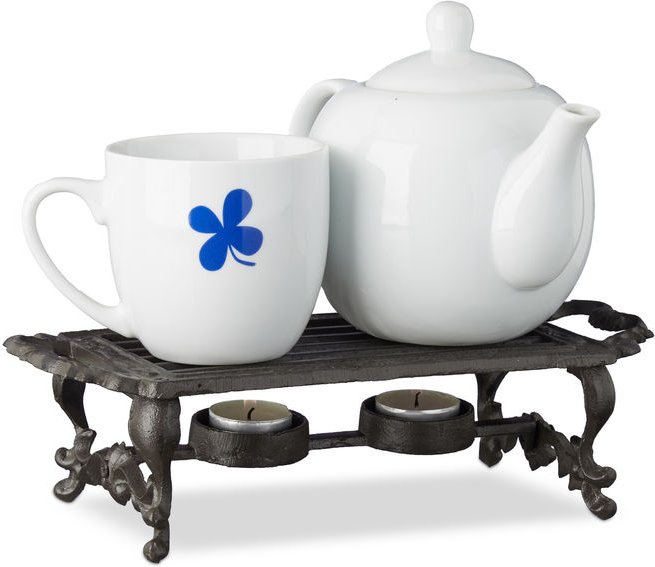 Relaxdays Warmhalteplatte, Extrem robust, Antik-Design, Halter für 2 Teelichter, Gusseisen, HBT: 8,5x30x13,5cm, Braun