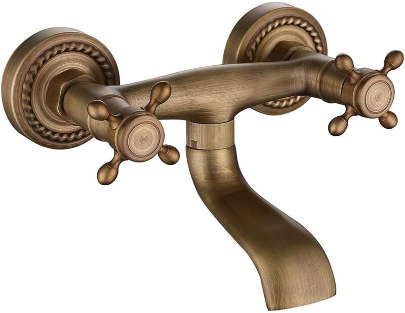 Vintage-Kupfer-Wandarmatur, 180° schwenkbar, antiker Küchen-Wandhahn mit Warm- und Kaltwasseranschluss