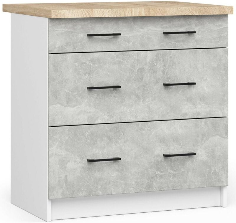 Küchenschrank Akord oliwia modular S80 Unterschrank mit Arbeitsplatte Weiß 80 cm 3 Schubladen Front Beton B80 x H85 x T4...