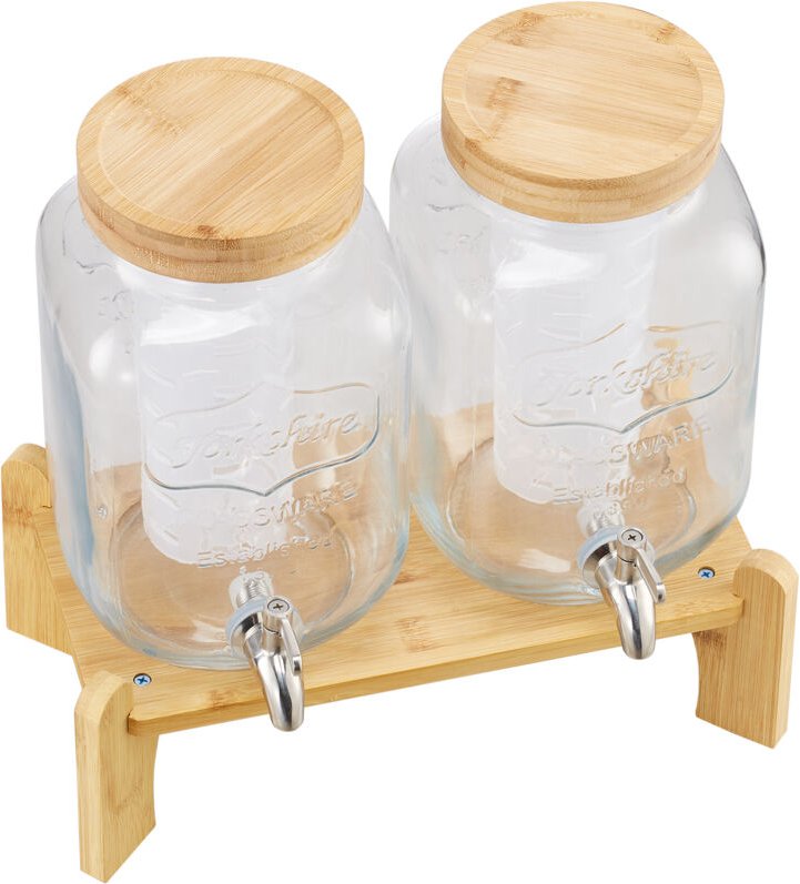 Mophorn Getränkespender (2 x 3,8 L) für Partys – Saftspender aus Glas mit auslaufsicherem Zapfhahn und Holzständer. Idea...
