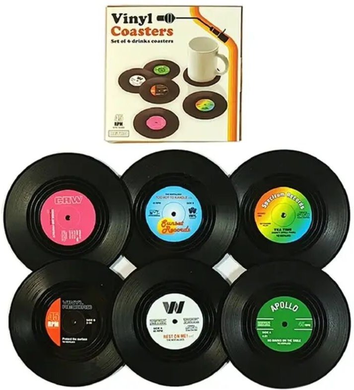 6er-Set Vinyl-Schallplatten-Untersetzer, Retro-Kaffeebecher-Wärmeisolierungsmatte, runde Matte, Becherunterlage, Tischun...