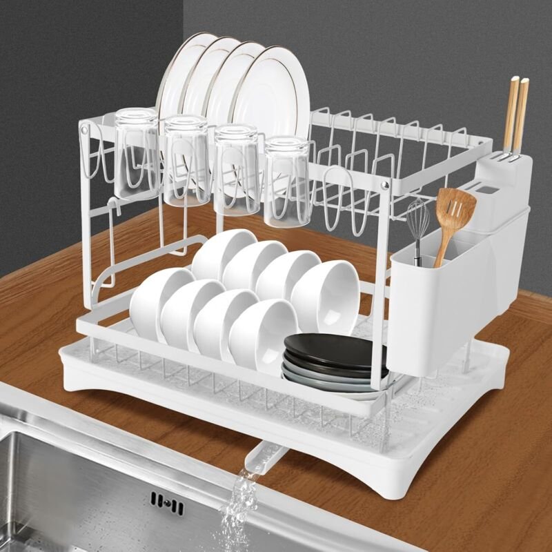 2-Stufiger Abtropfgestell Geschirr, Geschirrabtropfgestell mit Stäbchenhalter Messerregal Schneidebrettregal für Haushal...