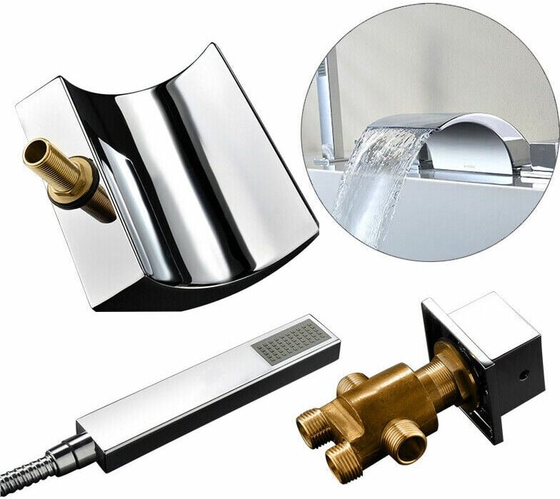 5 Loch Badewannenarmatur Set Wasserhahn mit Handbrause Waschbecken Wasserfall Wannenrand Armatur Set Chrome