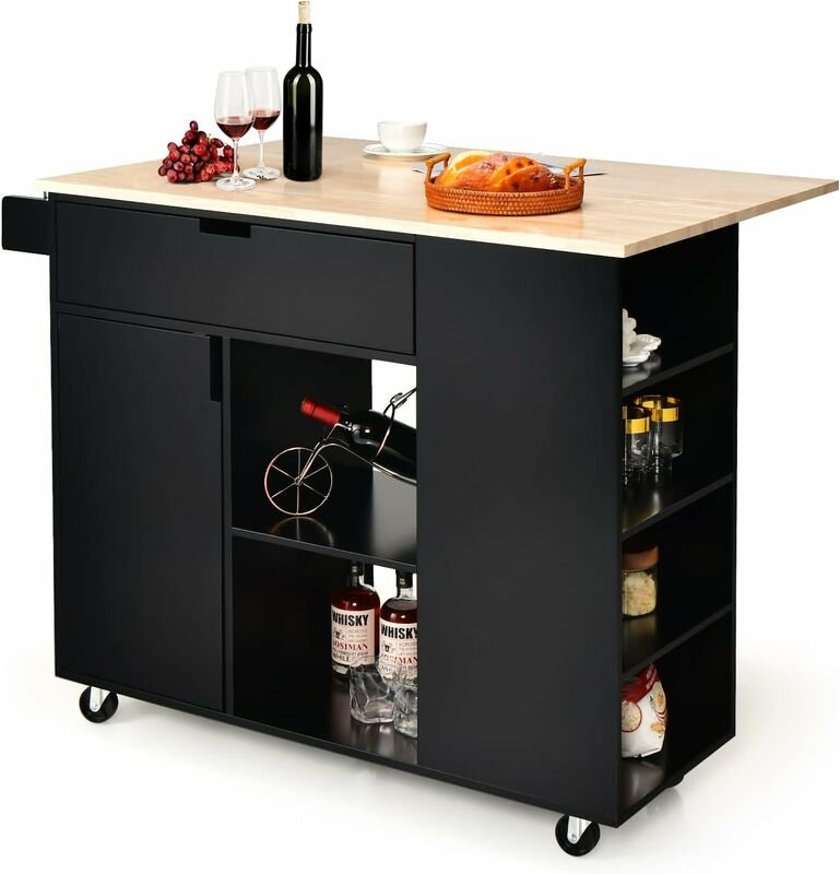 GOPLUS Kücheninsel, Küchenwagen mit Klappbarer Platte, Schublade, Offene Fächer, Handtuchhalter, Gummiholz, Räder mit Br...