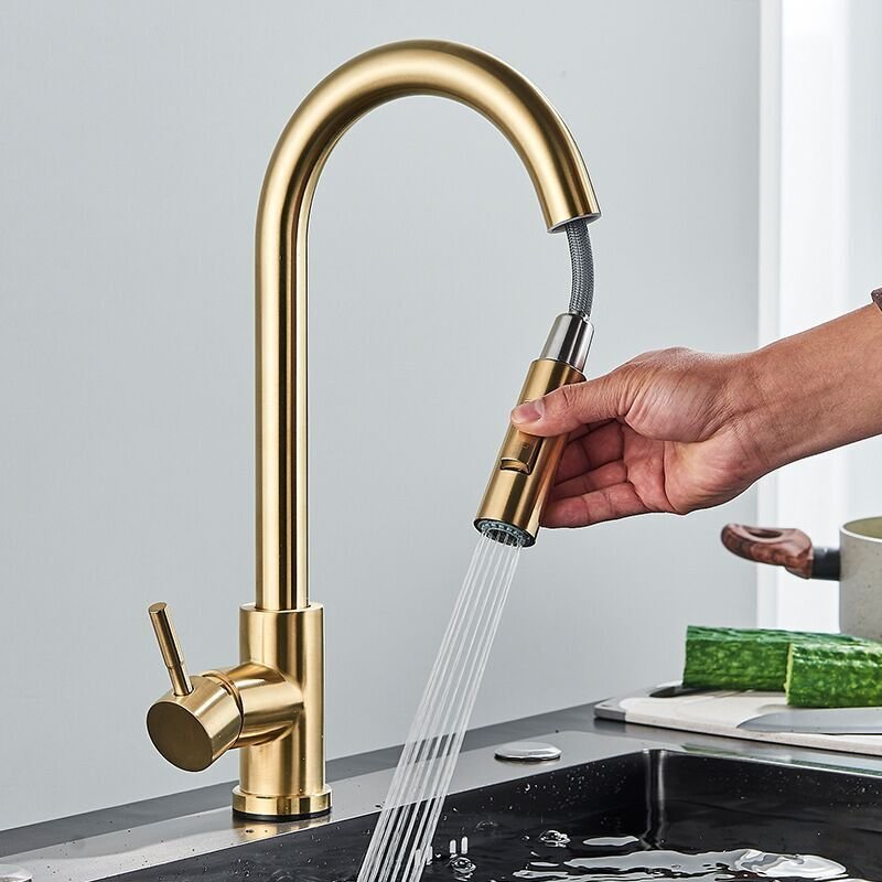 Küchenarmatur mit ausziehbarem Brausekopf, um 360° drehbare Edelstahl-Küchenspüle mit 2 Funktionen.