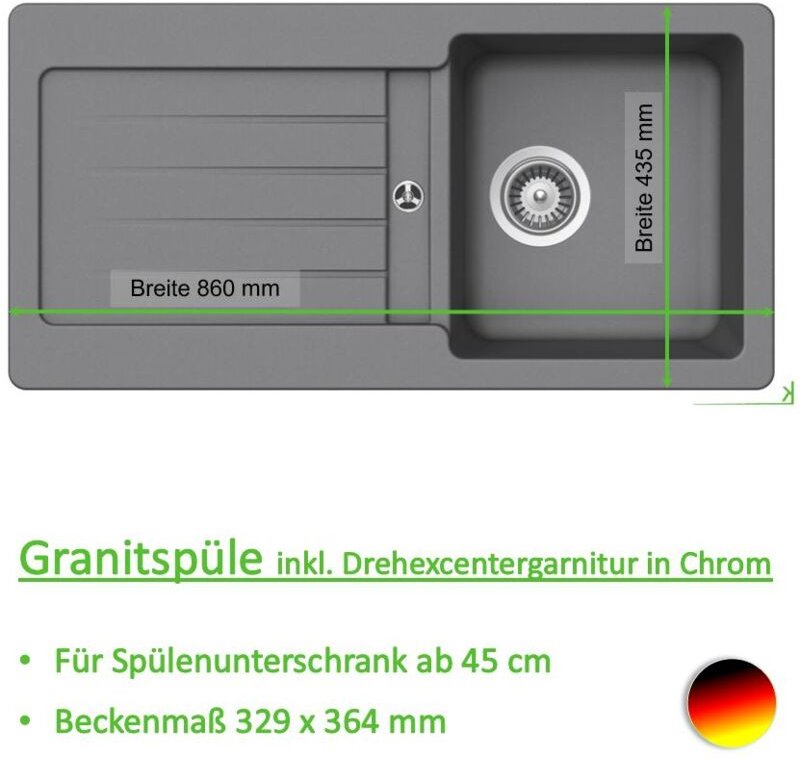 Keenberk - Granitspüle Victory s-vel 860.60 - light gray mit Excentergarnitur Küchenspüle Einbauspüle ab 45er Schrank