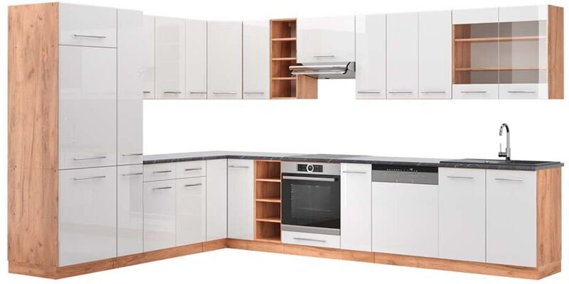 Vicco - Eckküche Fame-Line, Weiß Hochglanz/Goldkraft Eiche, 347 x 257 cm , ap Anthrazit