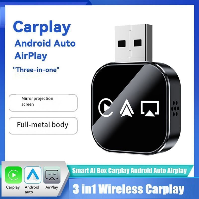 3-in-1-Kabelloser Carplay-Adapter, Carplay, Airplay, Android Auto, USB-Dongle, Kabelgebundenes Carplay zu Kabellosem Plu...