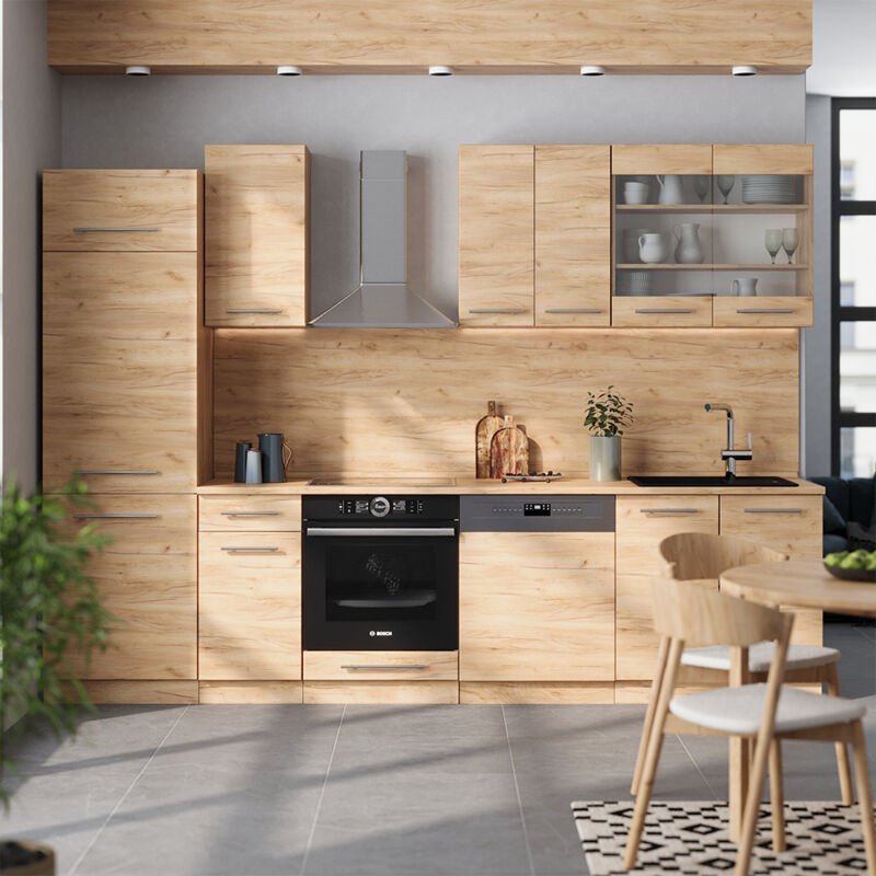 Küchenzeile Fame-Line, Goldkraft Eiche, 300 cm , AP Eiche, Vicco