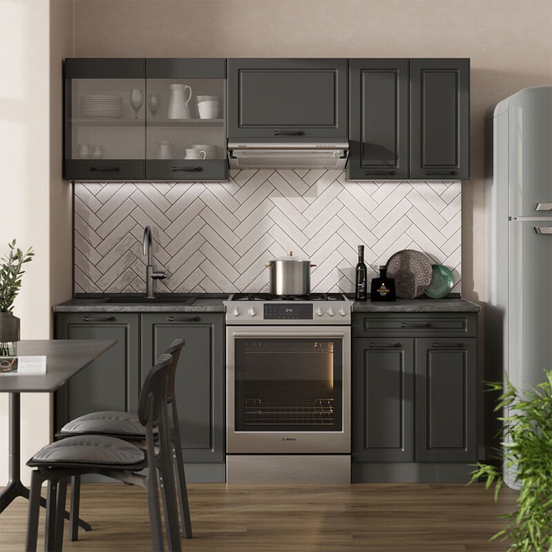 Vicco - Küchenzeile R-Line, Anthrazit Landhaus/Anthrazit, 200 cm , ap Anthrazit