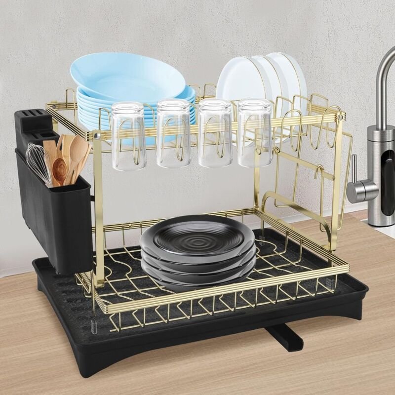 Abtropfgestell Geschirr 2-Etagen, Geschirrabtropfgestell Kohlenstoffstahl, Geschirrtrockner mit Utensilienhalter und Abt...