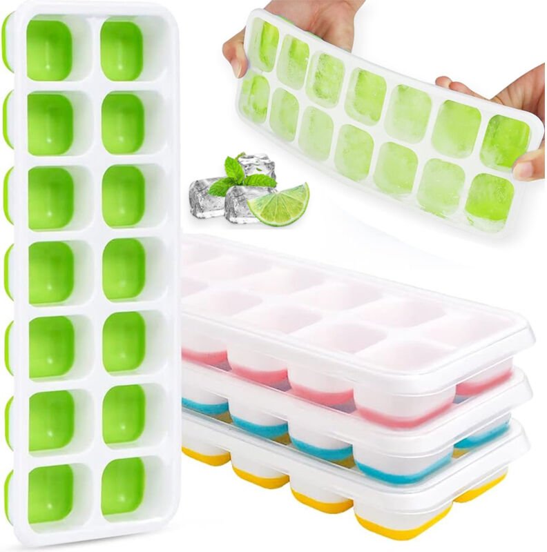 4er‑Set Silikon‑Eiswürfelformen mit Deckel – 14 Eiswürfel, leichtes Entformen, BPA‑frei, stapelbar, spülmaschinengeeigne...