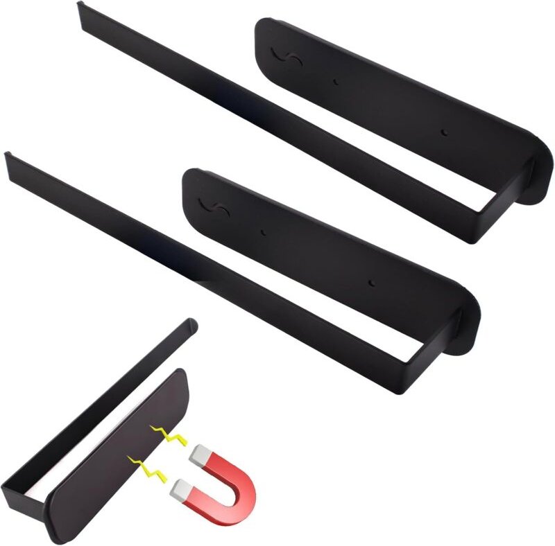 2 schwarze magnetische Rollenhalter aus Edelstahl für Kühlschränke/Mikrowellen.