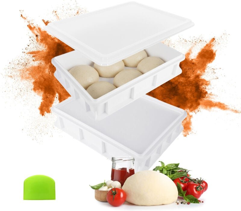 Relaxdays Pizzaballenbox, 2er Set, 1 Deckel, HBT: 7 x 40 x 30 cm, Kunststoff, stapelbar, Teigbox für 6 Pizzaballen, weiß