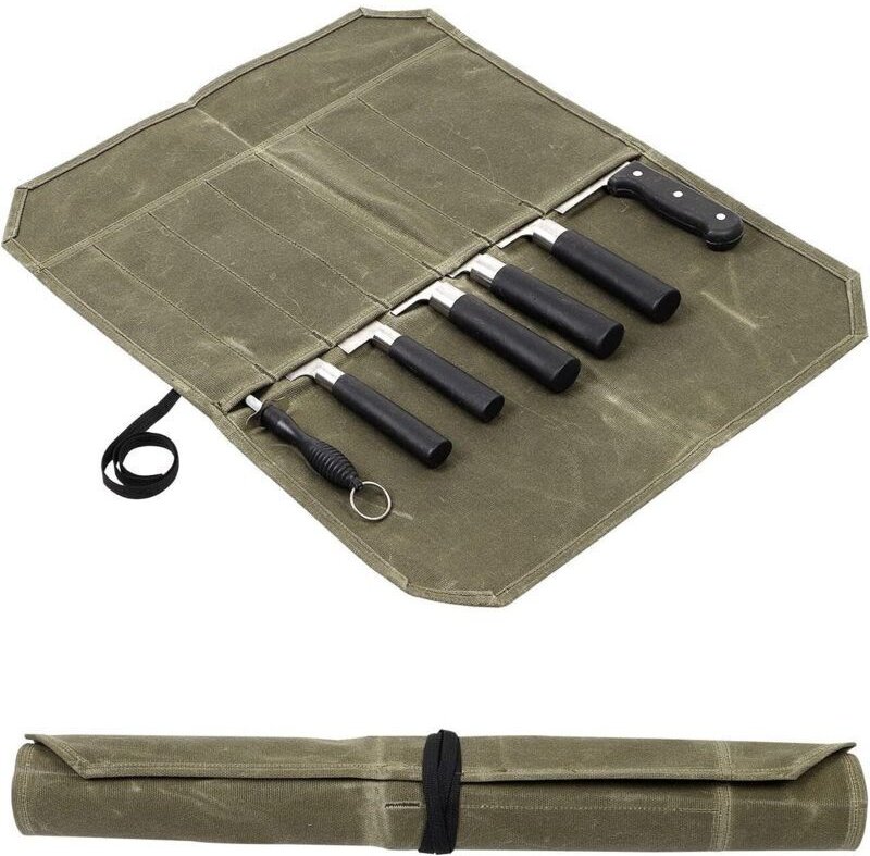 Frank Leather Kochmessertasche mit 7 Fächern, große Messerrolle – Kochmessertasche mit Tragegriff und Gurt – Olivgrün