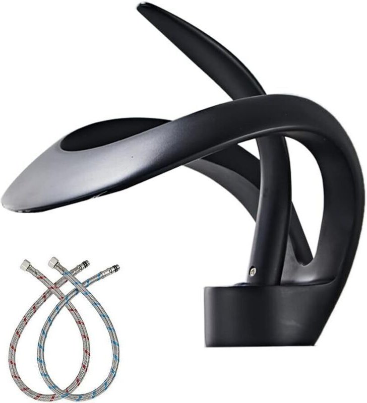 Schwarze, kurze Wasserfall-Waschtischarmatur, ein runder Einhebelmischer, Einlochmontage, Aufsatzmontage, passend für WC...