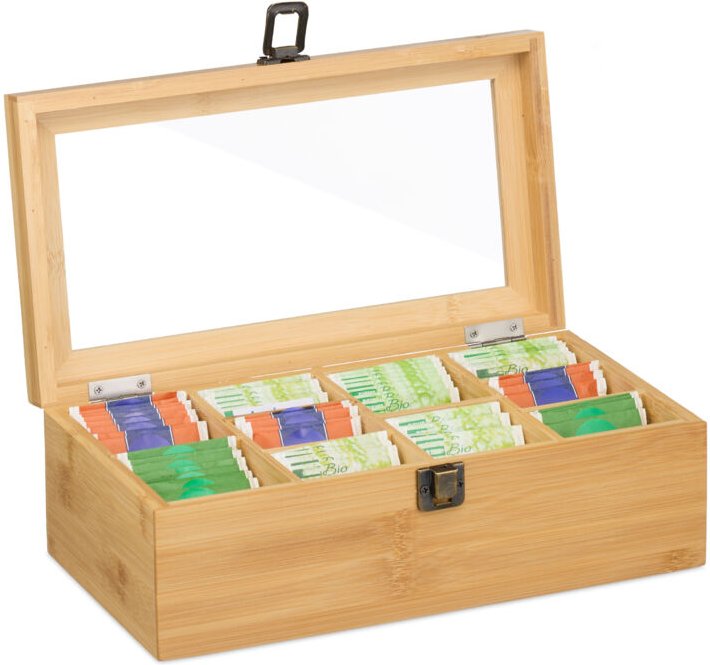 Relaxdays - Teebox 10 Fächer, Tee Aufbewahrung, Bambus, Sichtfenster, Trennwände entnehmbar, hbt: 10 x 29,5 x 17 cm, nat...