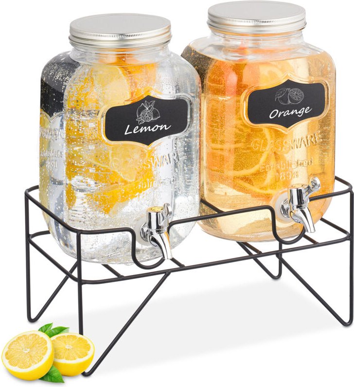 Getränkespender mit Ständer, 2 Limobehälter je 4L, Zapfhahn aus Kunststoff, Glas Wasserspender, transparent - Relaxdays