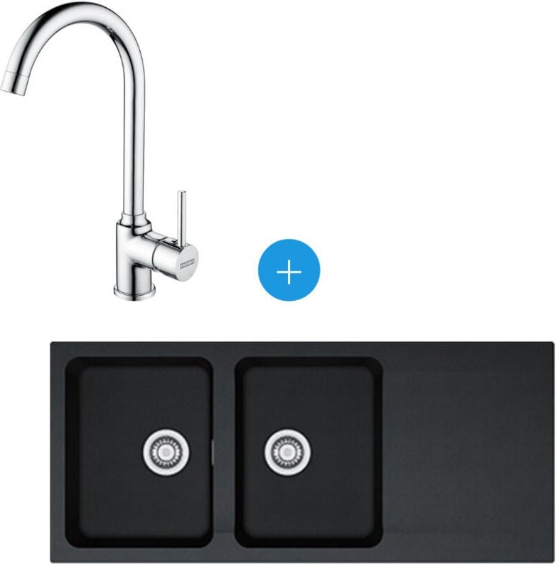 Spültischset Orion oid 621, Doppelbecken, Carbon + Mischbatterie Pola, Schwanenhals, Chrom (114.0276.028-POLA) - Franke