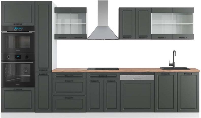 Vicco - Küchenzeile R-Line, Anthrazit Landhaus/Weiß, 350 cm mit Hochschrank, ap Eiche